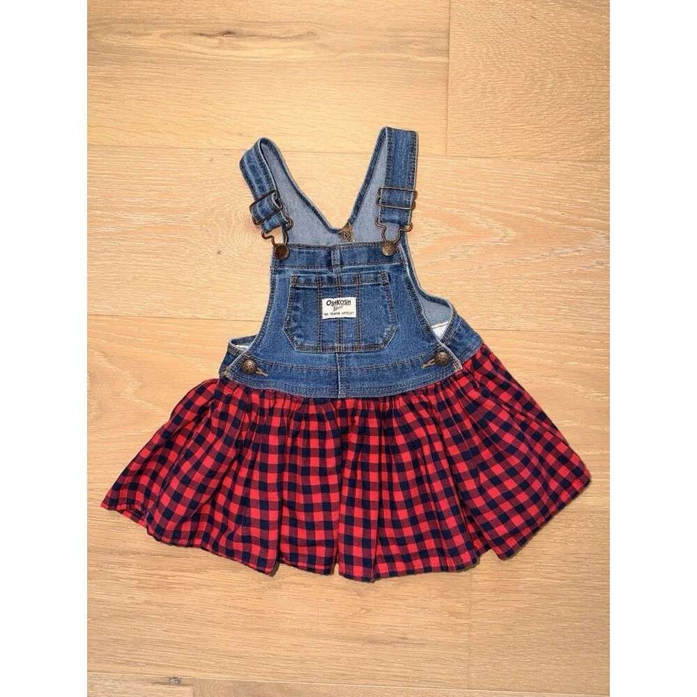 Osh Kosh B’Gosh Denim Red Buffalo Plaid Gingham Denim Overall Skirt Dress Sz 18m